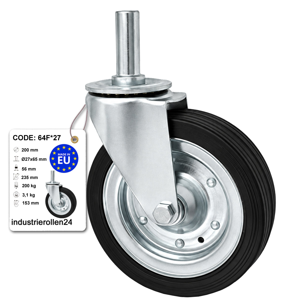Metall-Gummiräder mit Befestigungsstift Lenkrollen  Ø200 mm Code: 64F*27