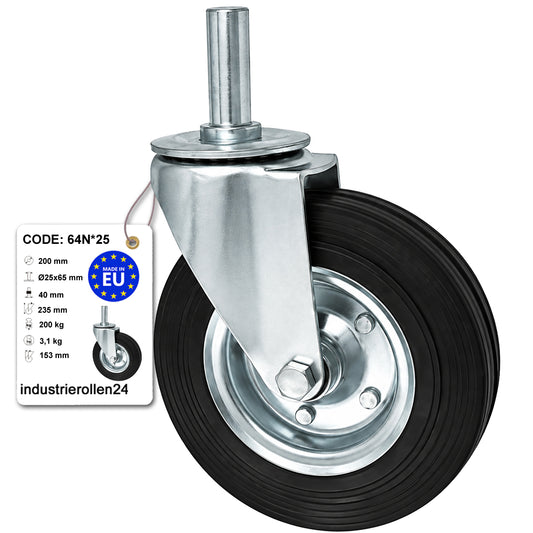 Metall-Gummiräder mit Befestigungsstift Lenkrollen  Ø200 mm Code: 64N*25