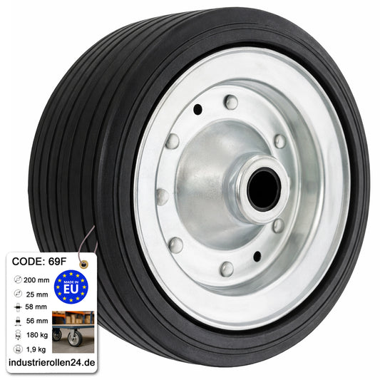 Ersatzrad Ø200 mm – Vollgummi Industrierad mit Gleitlager für Transportwagen, Code: 69F