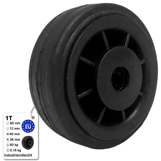 Vollgummi Rad Ø 80 mm  mit Polypropylen-Felge Industrie Gummirad 1T Rollenlager