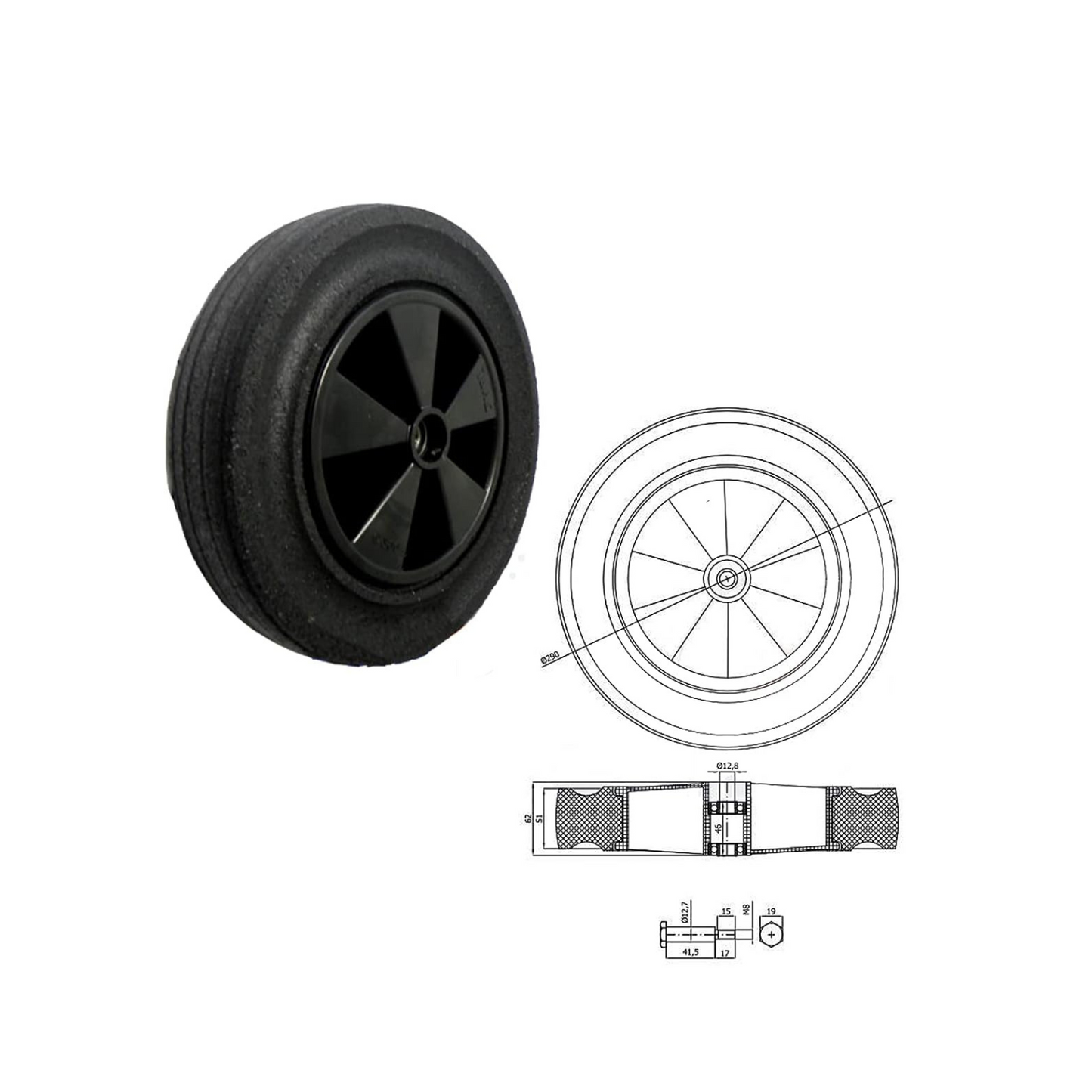 Rasenmäherrad 290 mm – Universal Ersatzrad aus Vollgummi mit Kugellager + Montage-Set, Code: K290LL*M10