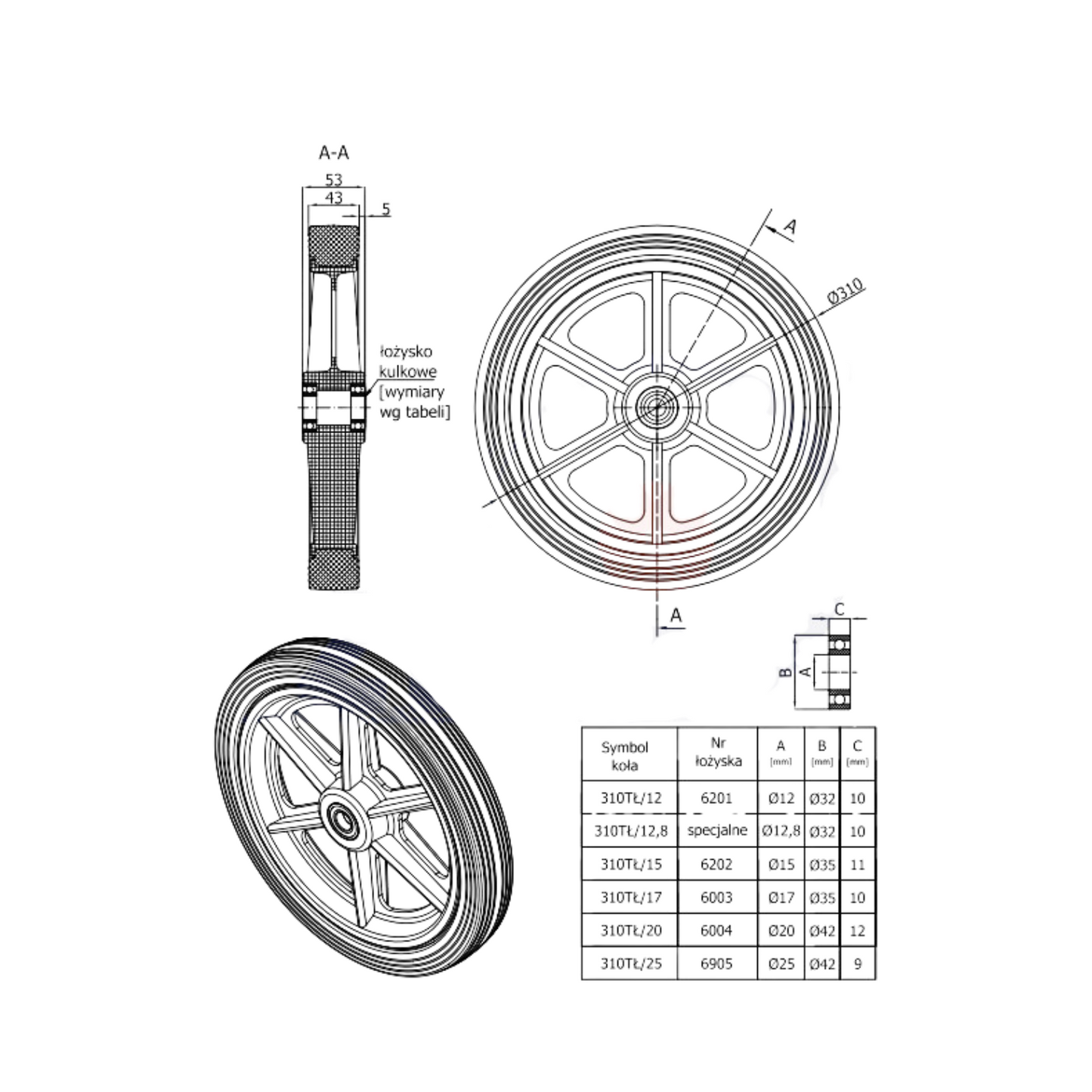 Rasenmäherrad 310 mm – Universal Ersatzrad aus Kunststoff mit Gummilauffläche & Kugellager, Code: 310TLL/12