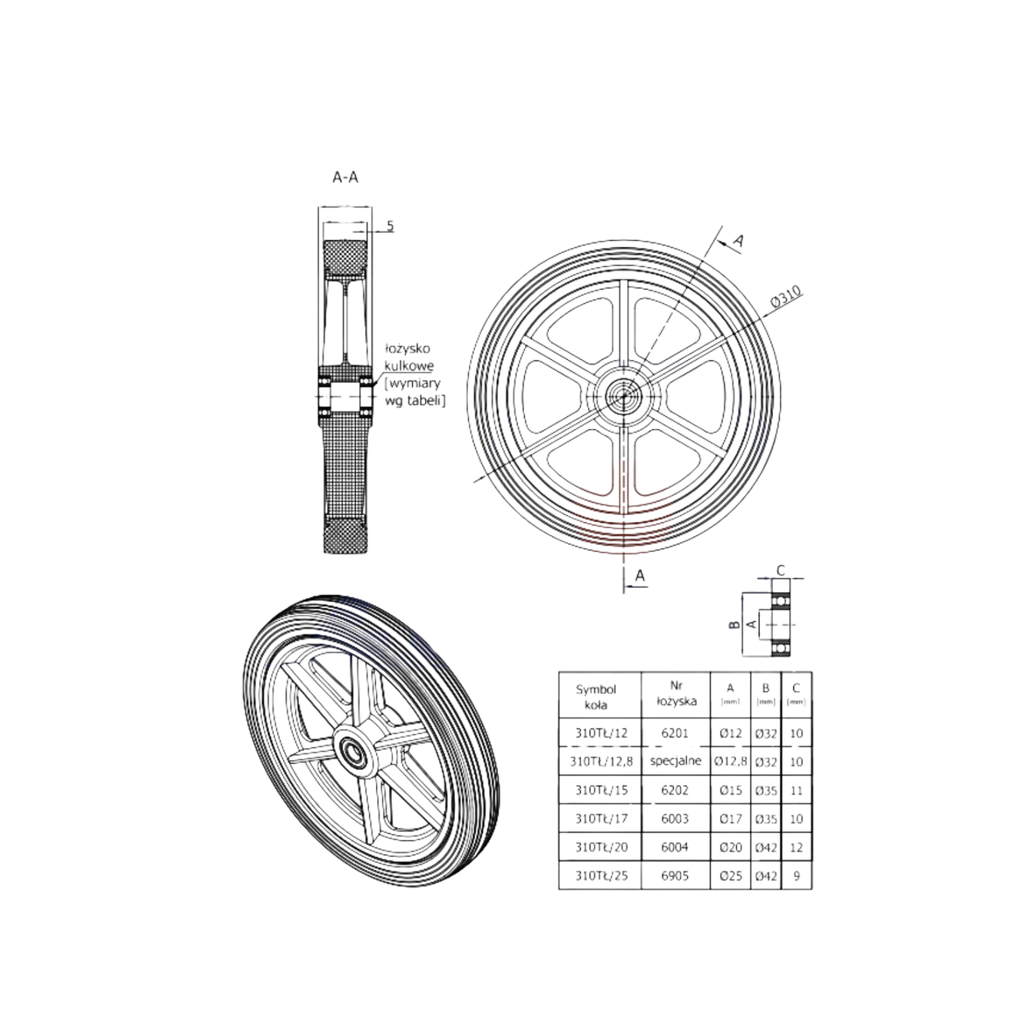 Rasenmäherrad 310 mm – Universal Ersatzrad aus Kunststoff mit Gummilauffläche & Kugellager, Code: 310TLL/15