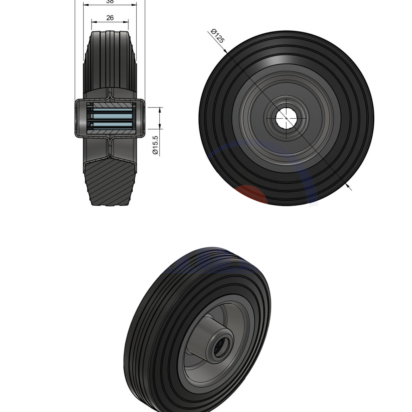Ersatzrad Ø125 mm – Vollgummi Industrierad für Transportwagen, Code: 20